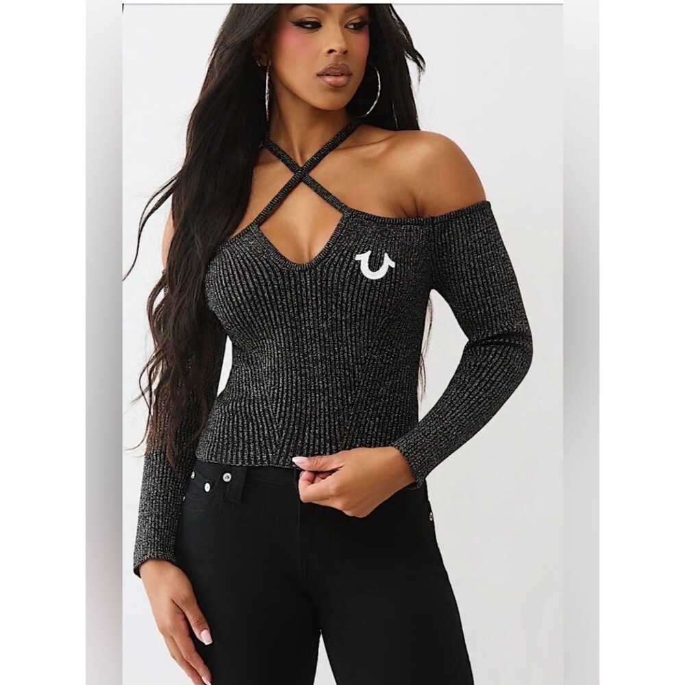 NWT True Religion Jet Black metallic silver Lurex Cross-Strap Ribbed Top. Sz M.